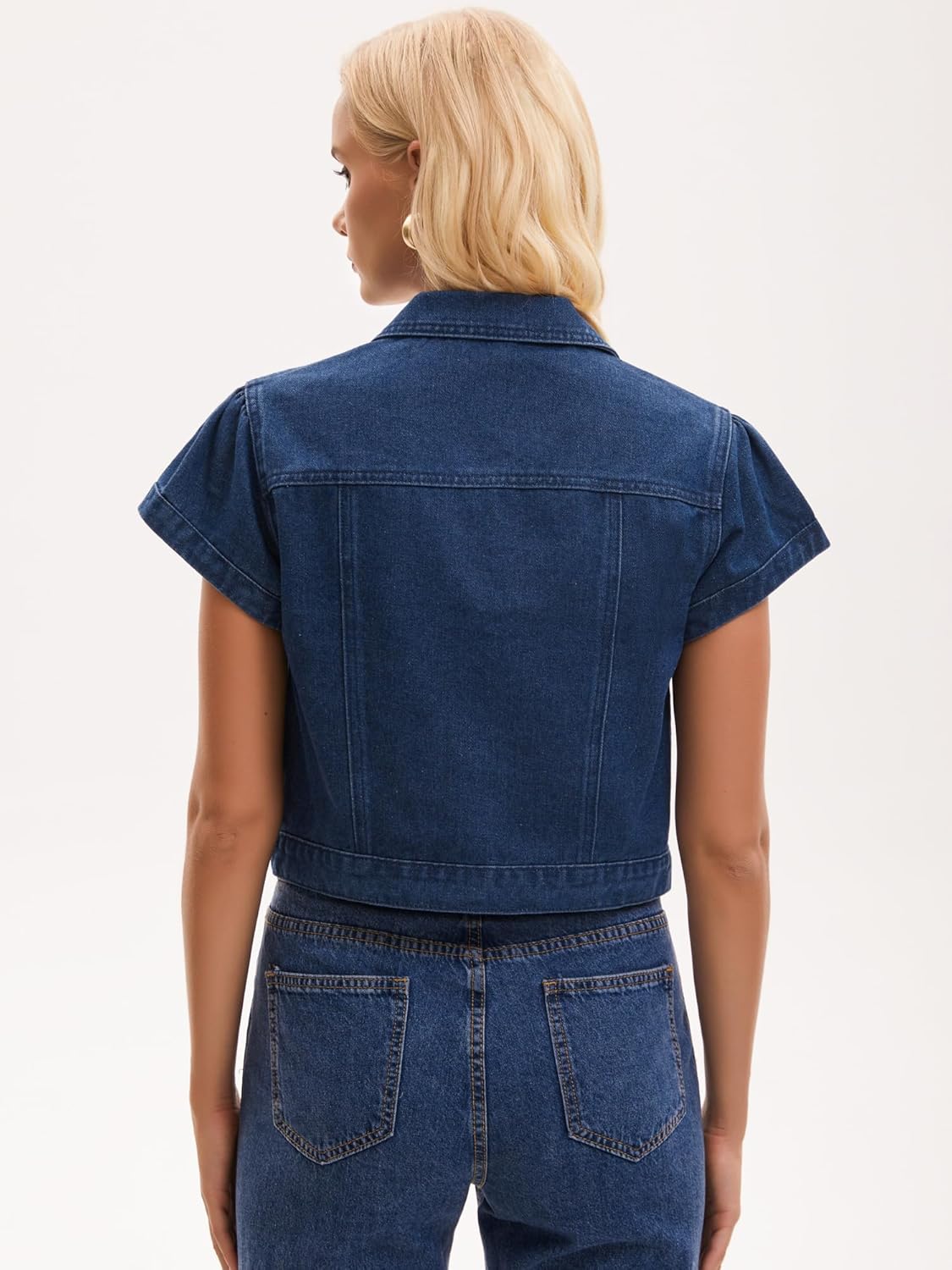 Women's Denim Jacket Cap Sleeve Cropped Button Down with Pockets Classic Jean Jackets - Image 4