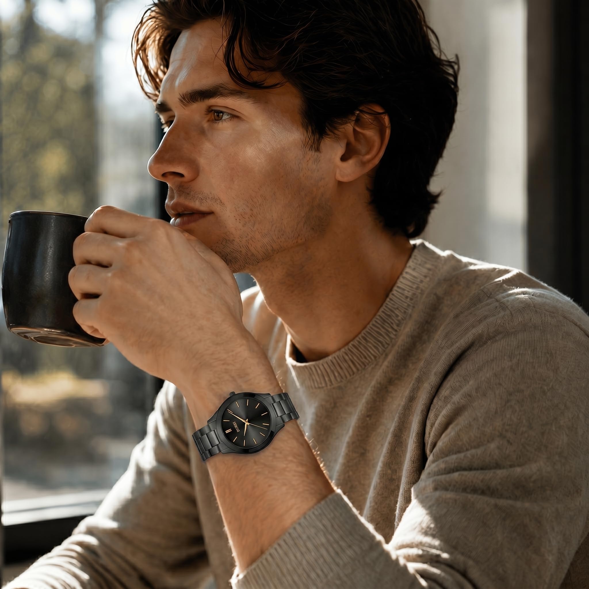 BUREI Herren-Armbanduhr, modisch, analog, Edelstahl, Quarz, wasserdicht, Geschenk für Herren.