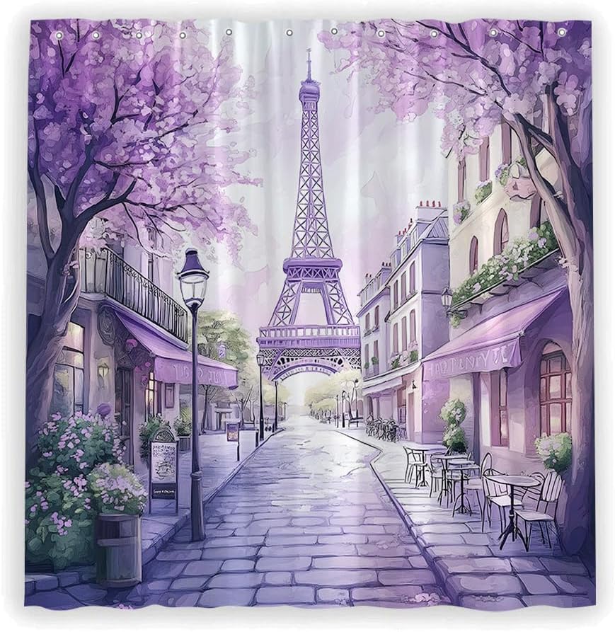 Eiffel Tower Shower Curtain Romantic Valentine Watercolor Purple Lavender Floral Paris Street Coffee French City European Architecture Landscape Polyester Fabric Bathroom Curtain with Hooks
