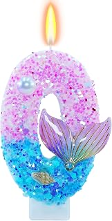 Mermaid Themed Birthday Candles, Number 0 Girls Glitter Birthday Party Supplies,Anniversary Party Decor,2.87 inch Cake Topper Decorations (Mermaid Themed, Number 0)