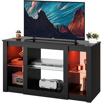 WLIVE TV Cabinet Lowboard Black with 22 Colours RGB TV Cabinet Small TV Stand with Adjustable Glass Shelves Sideboard for Living Room Bedroom Black 100 x 40 x 56 cm