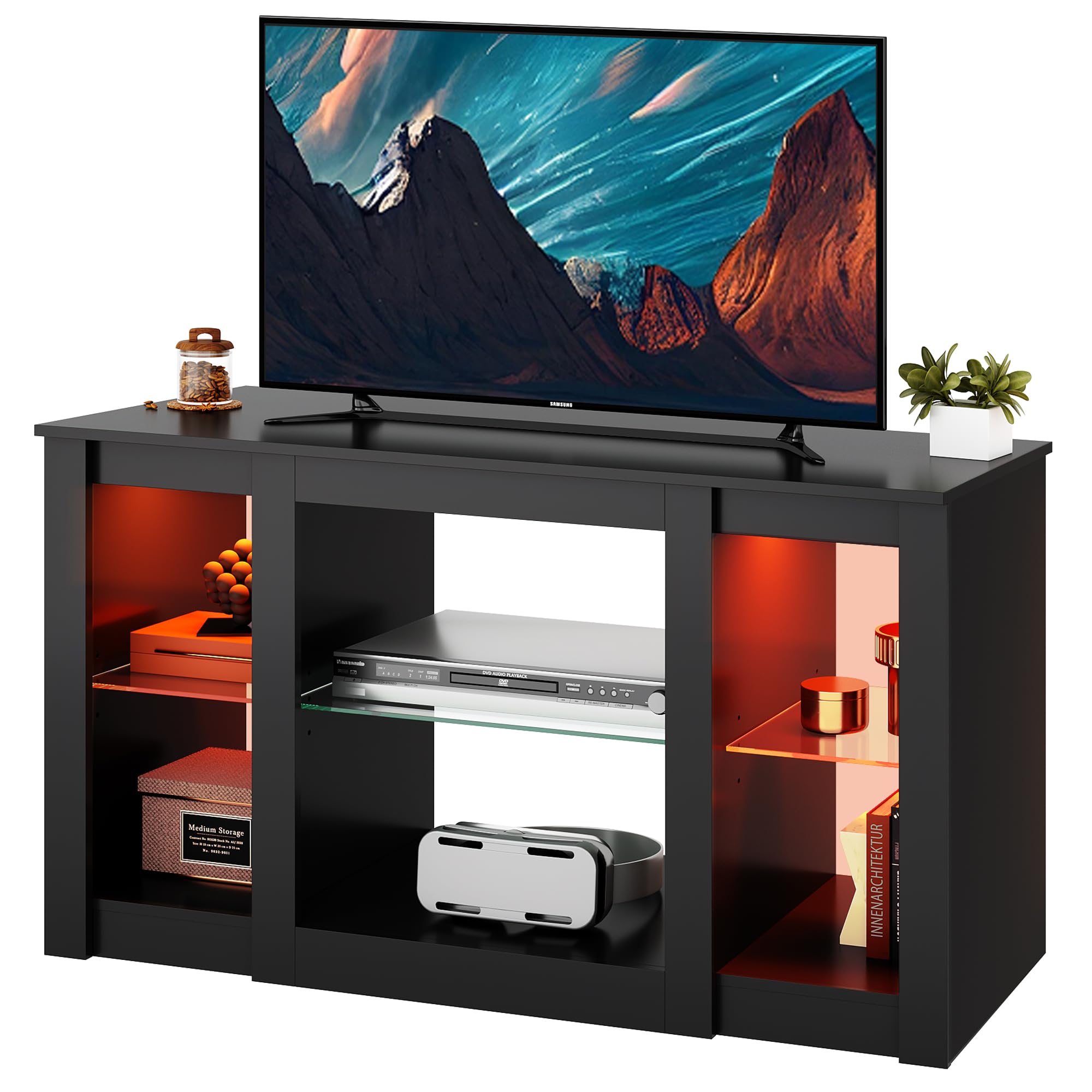 WLIVE TV Schrank, Lowboard Schwarz mit 22 Farben RGB Fernsehschrank, Fernsehtisch Klein mit Verstellbaren Glasböden, Sideboard für Wohnzimmer Schlafzimmer, Schwarz, 100 x 40 x 56 cm
