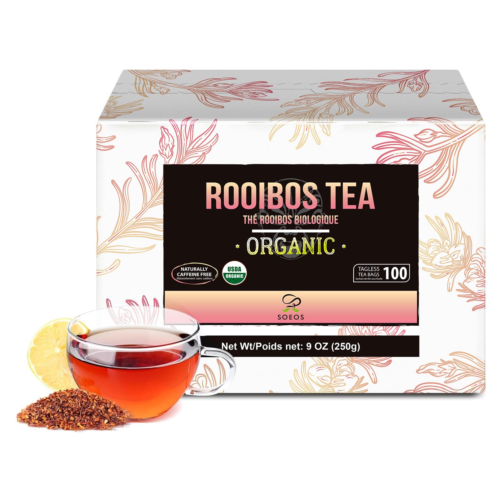 Soeos Organic Rooibos Tea, 100 Count (Pack of 1), Naturally Sweet Herbal Tea, Caffeine Free, USDA Organic, Red Rooibos Tea Bags, Farmed in South Africa 9oz (250g)