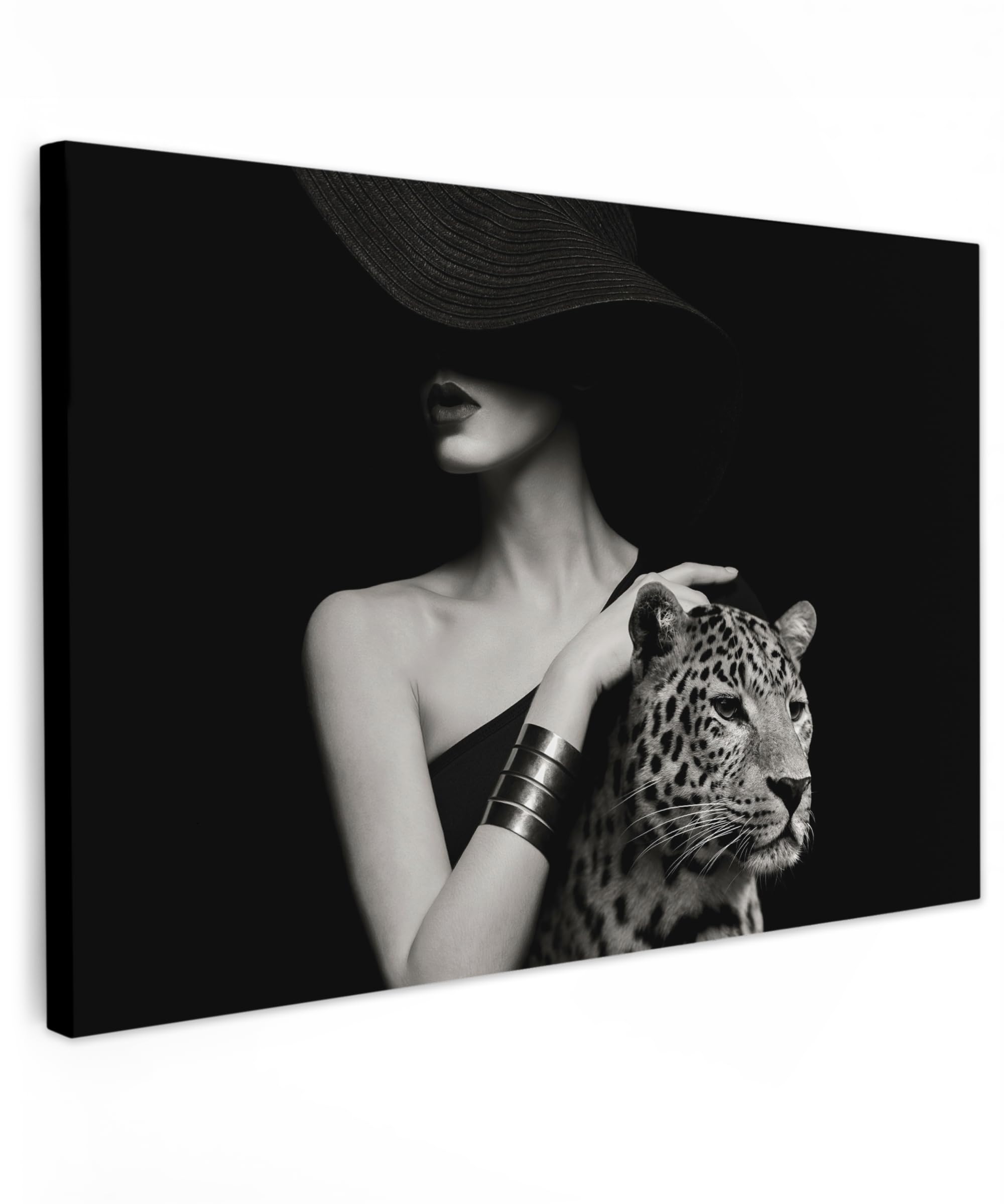 MuchoWow© Cuadros Salon Modernos 120x80 cm Lienzos de Fotos Pared Decoracion Habitacion Wall Art Lienzo Decoração Cuadro Mujer - Vintage - Retrato - Leopardo - Blanco y negro