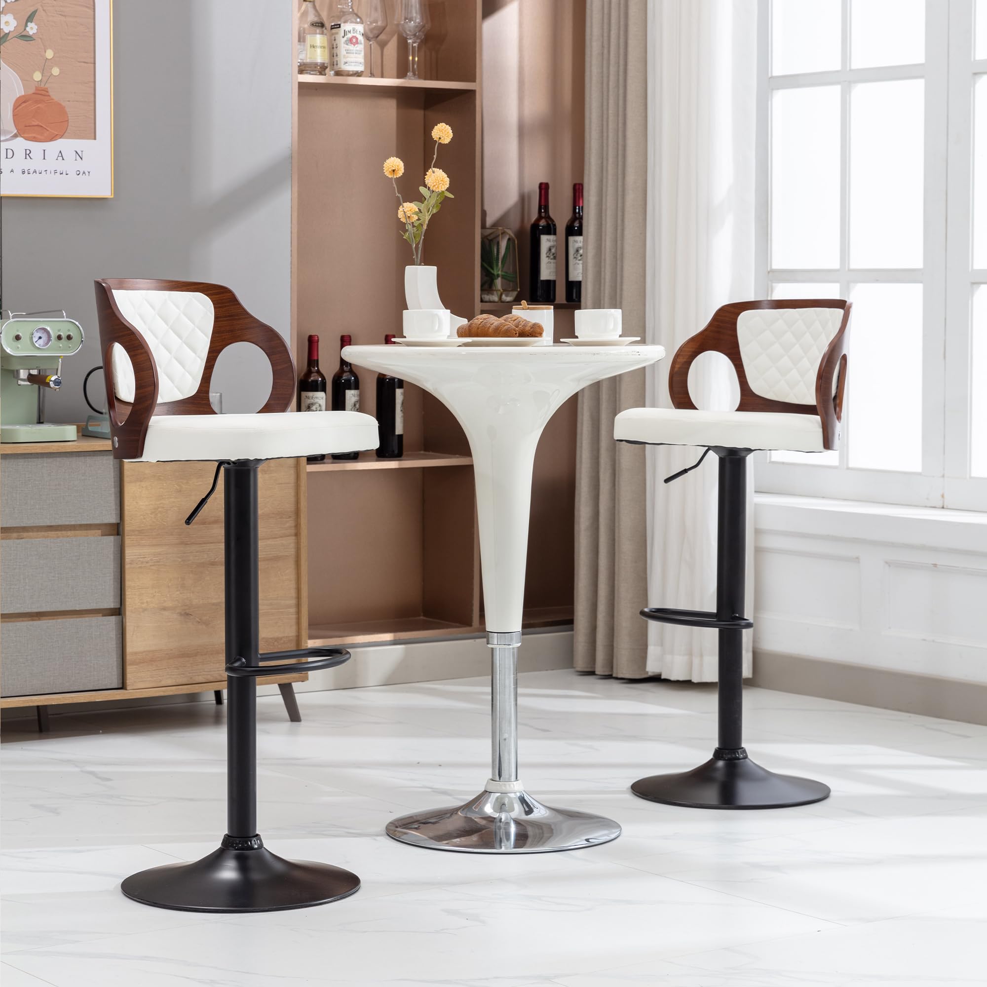 Photo 1 of VECELO Bar Stool Set of 2, Counter Height Stools with Bentwood Back,Arm&Footrest, PU Leather Cushion Seat Adjustable Height Swivel Barstools for Club Pub,Kitchen Island and Dining Room,White White 1 Set