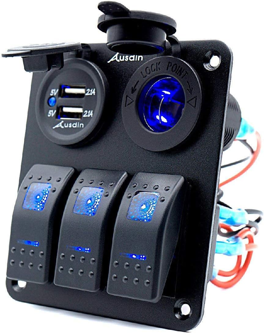 Switch Panel,Rocker Switch,Ausdin LED Light Bar Switch Panel Waterproof Professional Design For 3 Gang Rocker Switch Panel 14AWG Wiring Harness Pre-wired Rocker Switch Blank Easy Installation