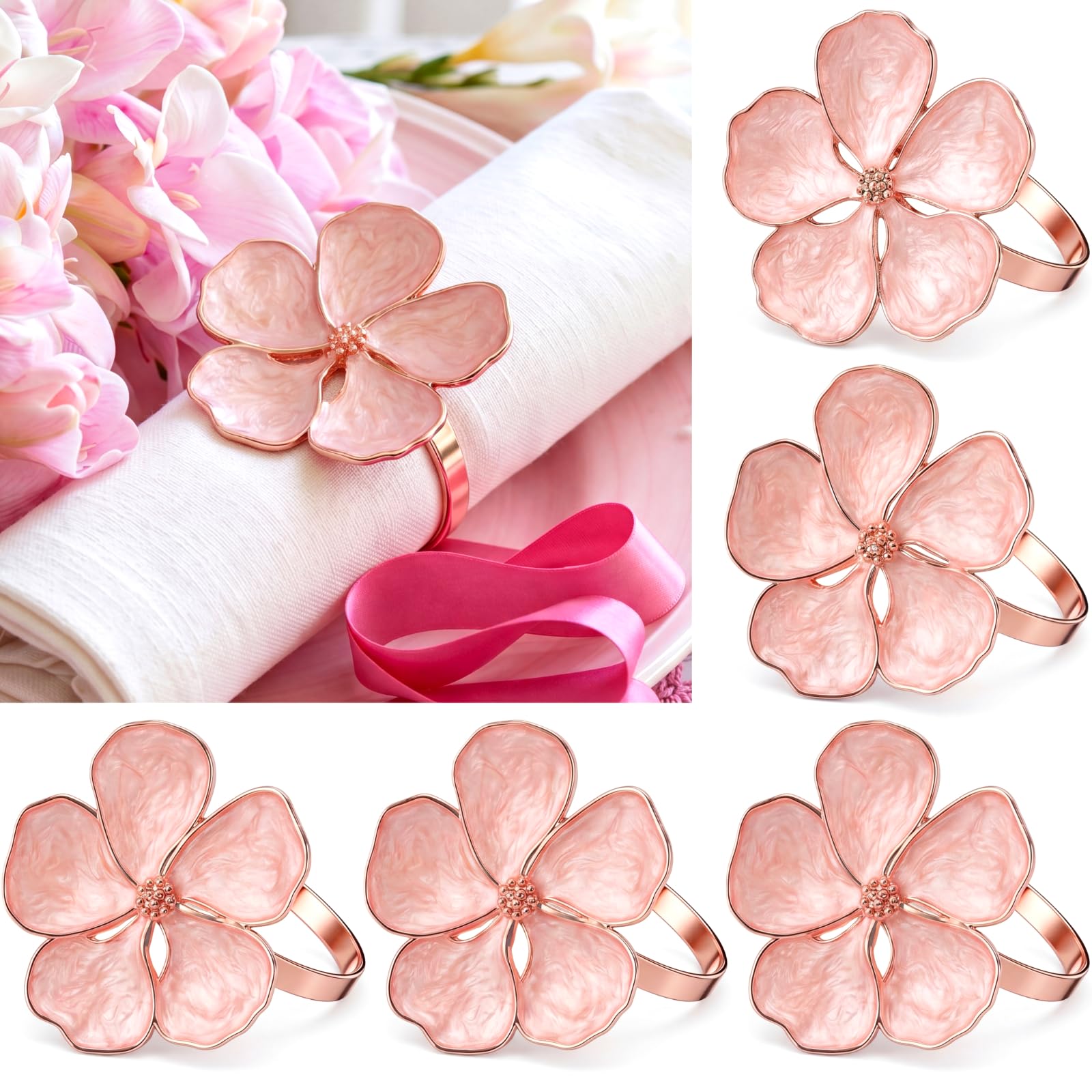 Servilleteros de flores de oro rosa Patelai juego de 6 hebillas para mesas de bodas