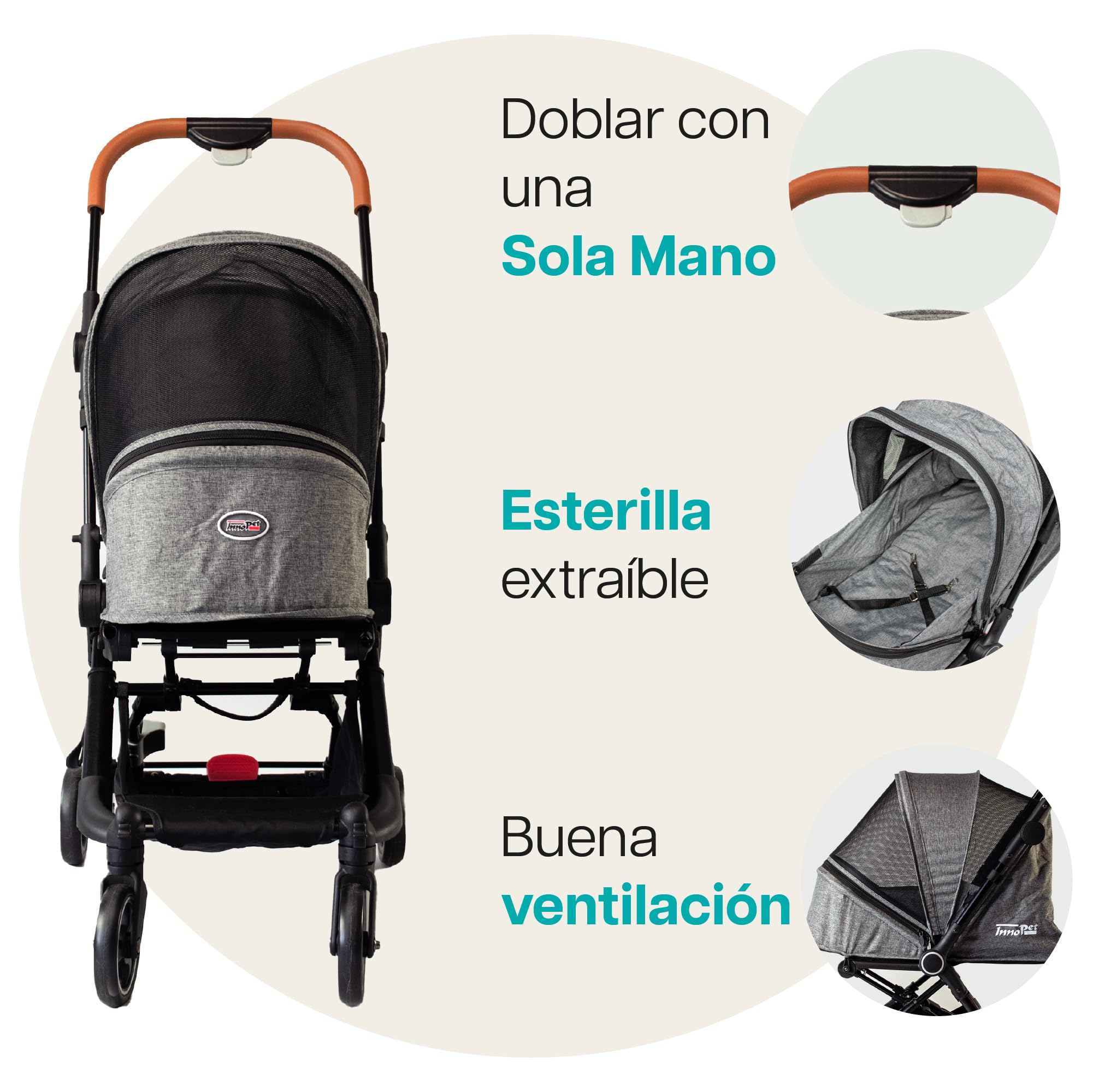 Innopet City carrito gris - Cochecito compacto para perros y gatos hasta 11kg, plegado con una mano, barra de cuero sintético y diseño ligero de 4 ruedas