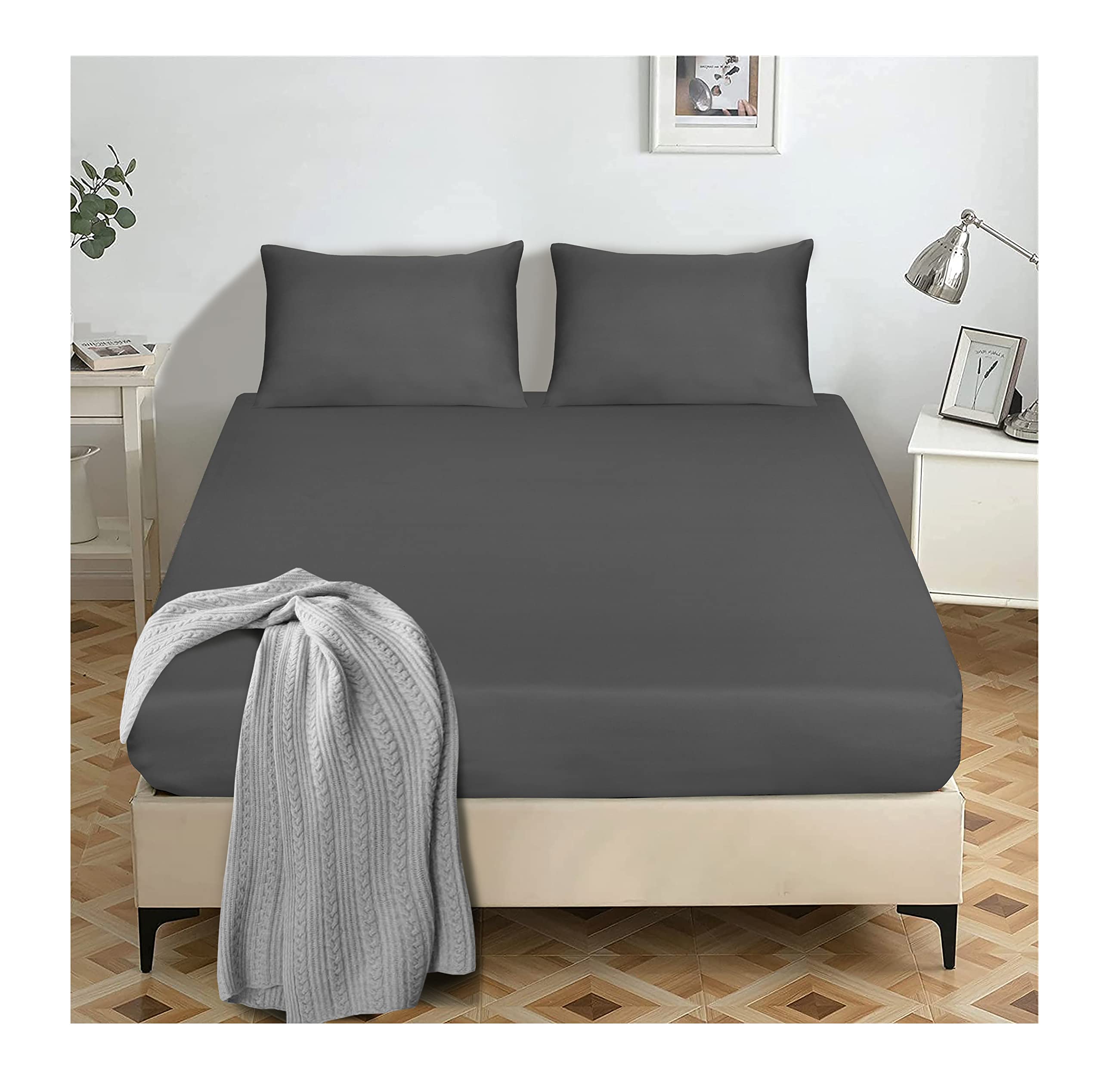 Dark Grey Fitted Sheet Super King Size, 25cm Deep Pocket, Easy Care, Brushed Microfiber Bed Sheets