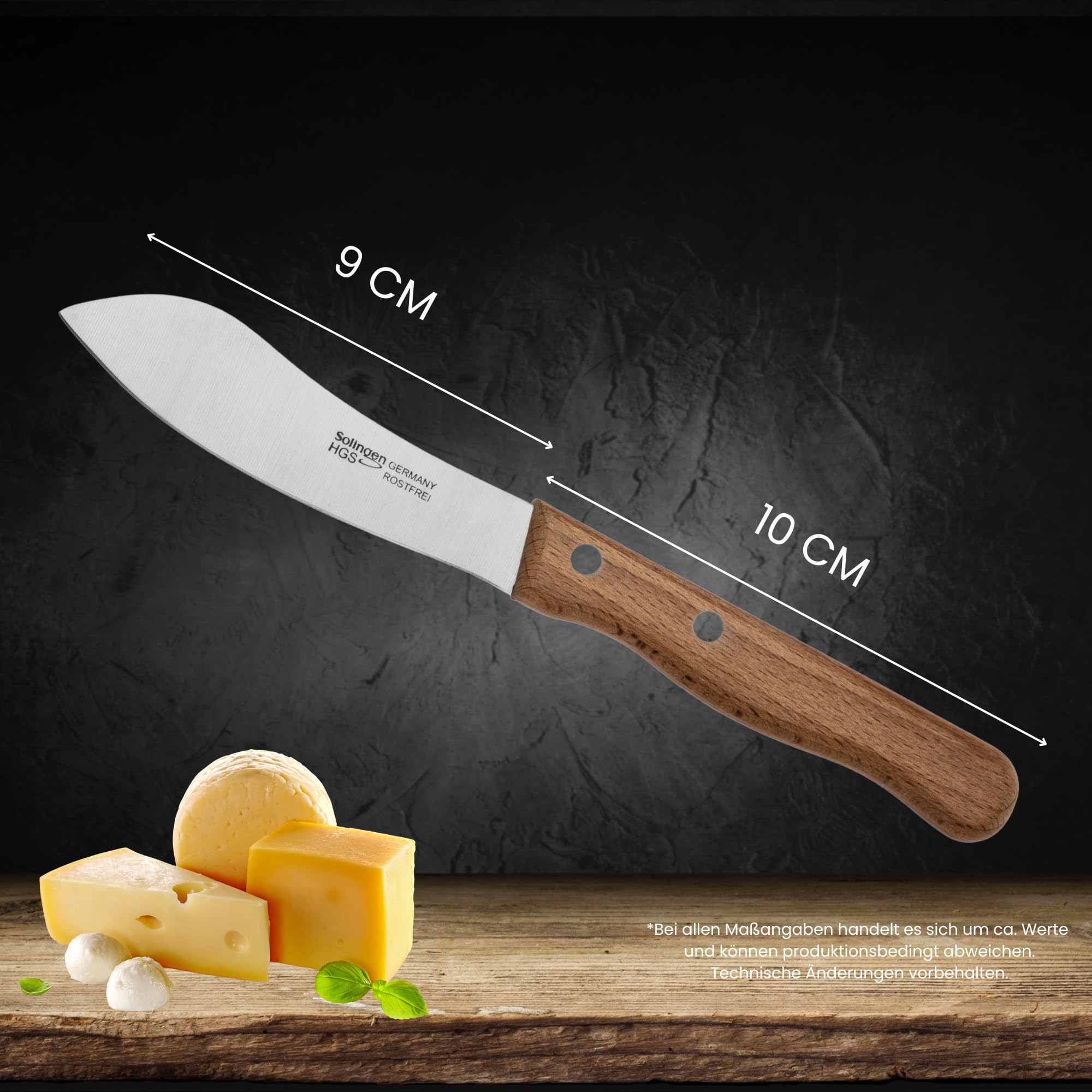 GEHRING| Solingen Käsemesser Set 4tlg. LOOK, Käseschneider mit Buchenholzgriff, für Hartkäse, Weichkäse, Streichkäse, mit Käsebeil, Besteck