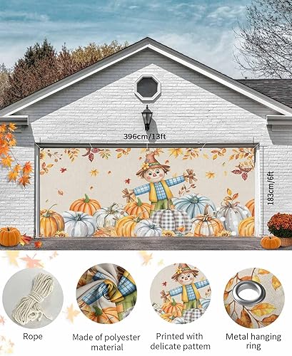 Miniatura 2 de Pancarta para puerta de garaje de Acción de Gracias, 7 x 8 pies, diseño de espantapájaros, calabaza, hojas de arce, lino, decoración de puerta de