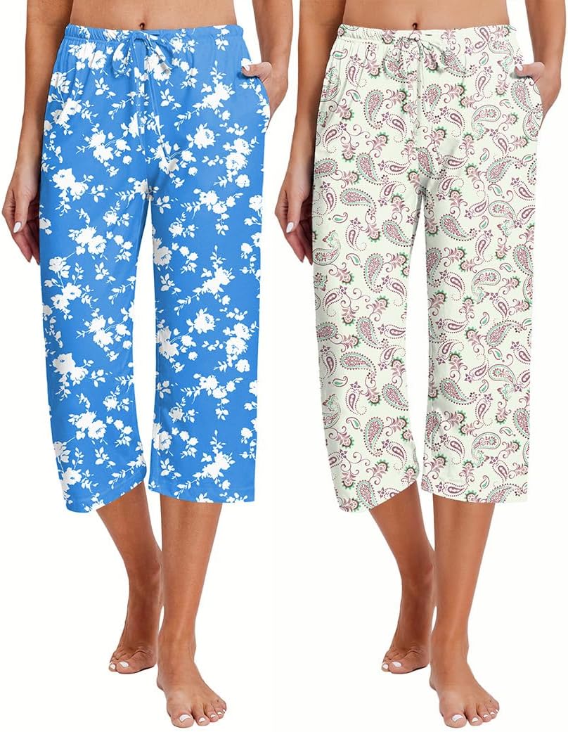 Ekouaer 2 Pack Women's Capri Pajama Pants Printed Drawstring Comfy Pj Bottoms With Pockets