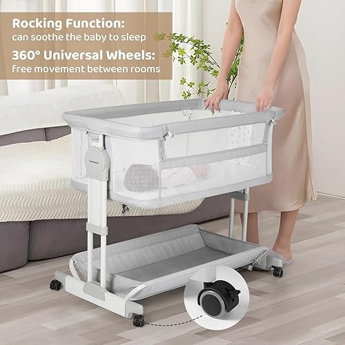 Miniatura 3 de Cowiewie Moisés de noche, moisés mecedor para bebé con 4 ruedas y 7 alturas ajustables, 360 de malla transpirable en todos los lados, cuna de noche