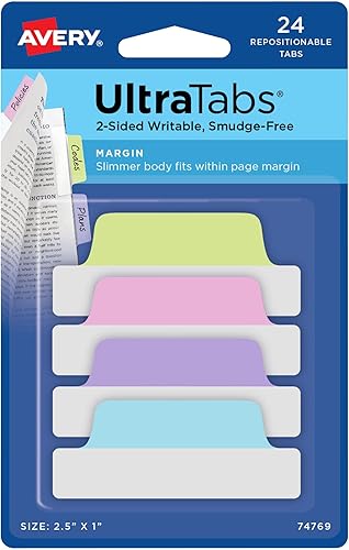 Avery, Margin Ultra Tabs - Pestañas de páginas, de 2.5 pulgadas x 1 pulgadas, 2 lados para escribir, colores pastel surtidos, 24 pestañas