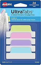 Avery Margin Ultra Tabs, 24 abas adesivas reposicionáveis, 6,3 cm x 2,5 cm, marcadores de página graváveis de 2 lados em cores pastel sortidas, 1 pacote (74769)
