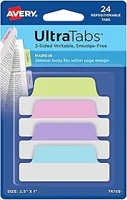 Avery Margin Ultra Tabs, 24 abas adesivas reposicionáveis, 6,3 cm x 2,5 cm, marcadores de página graváveis de 2 lados em cores pastel sortidas, 1 pacote (74769)