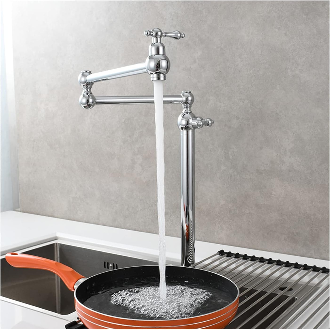 Pot Filler Faucet, Deck Mounted Cold Water Folding Kitchen Sink with 2 Handle Double Joint Swing Arm Single Hole,Brushed(Chrome)
