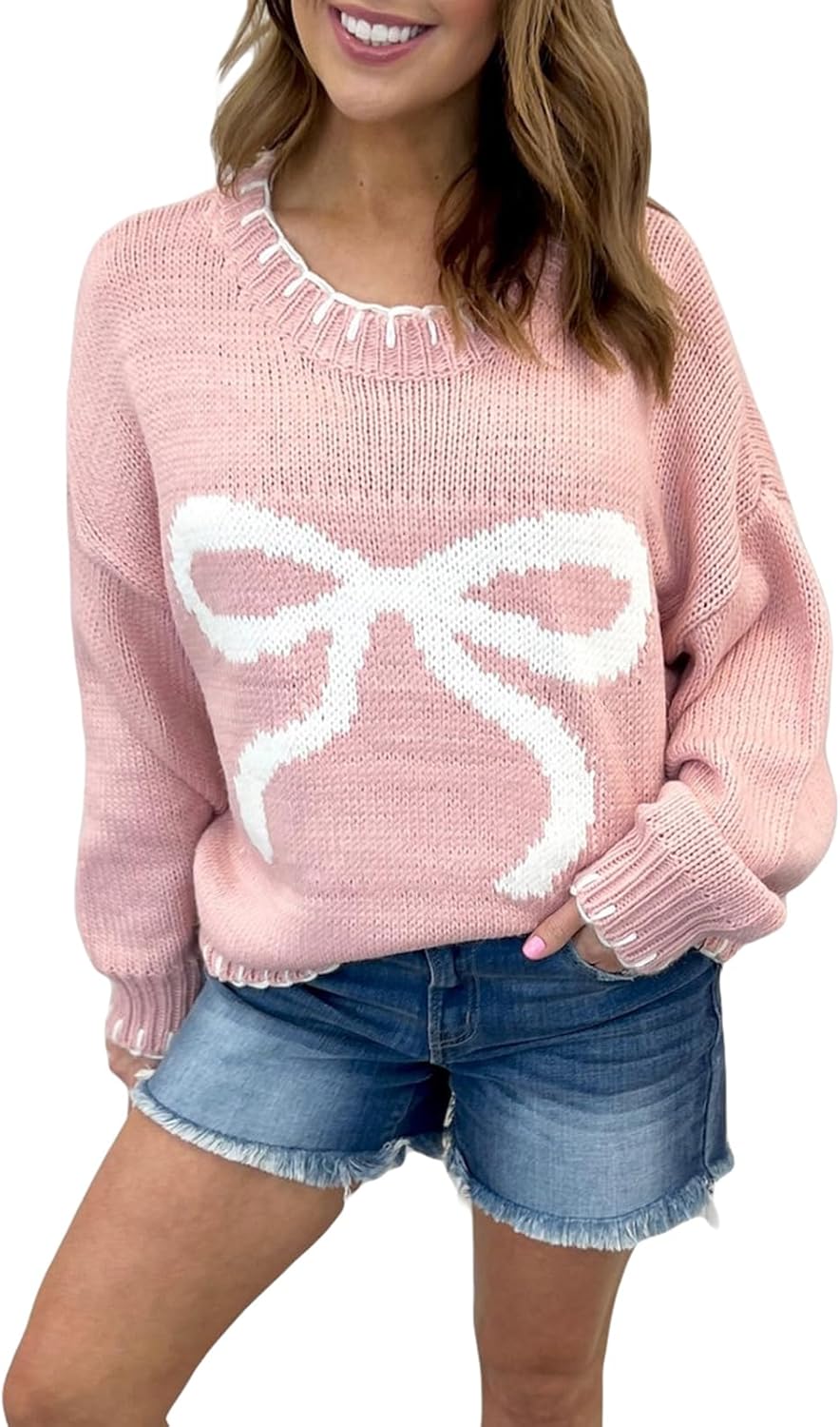 Women Cute Bow Sweater Y2k Long Sleeve Crew Neck Knit Sweaters Aesthetic Pullover Top