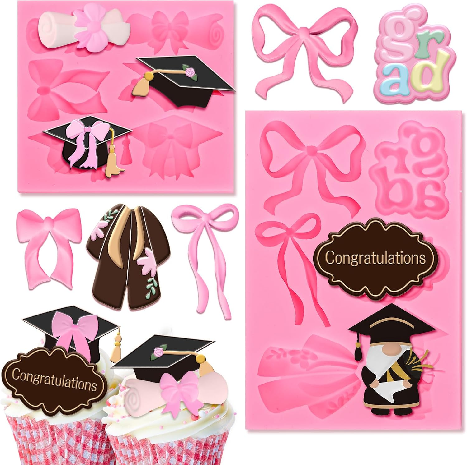 FYSUIMU 2 Packs 2026 Grad Graduation Bow Fondant Molds Congrats Grad Cap Bowknot Silicone Molds Chocolate Candy Mould for Kitchen Baking Crafts Party Decor Supplies