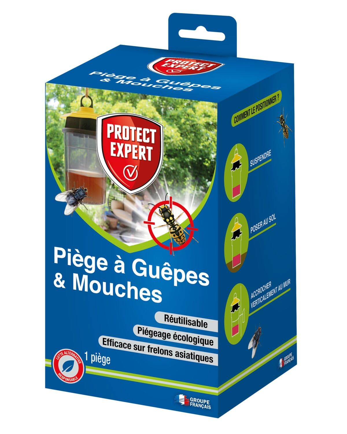 PROTECT EXPERT Piège a Guêpes, Frelons, Mouches - Adapté Aux Frelons Asiatiques - A Poser ou Suspendre - En extérieur - Réutilisable GUEPIEG
