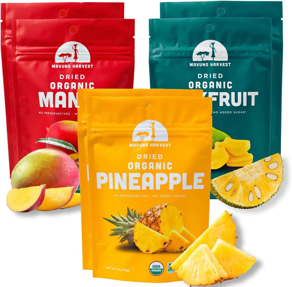 Mavuno Harvest Organic Dried Fruit Variety Pack | Dried Mango, Pineapple, and Jackfruit | Healthy, Vegan, No Sugar Added, Non GMO Snacks for Kids & Adults | 2 Ounce, Pack of 6