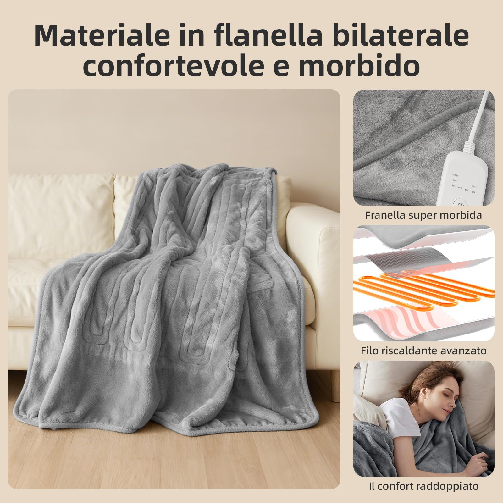 Coperta Elettrica Bifacciale in Flanella Adatta per 1-2 persone, 160 x 130 cm, con Timer da 1 a 10 Ore, 9 Impostazioni di Temperatura, Riscaldamento Rapido e Protezione dal Surriscaldamento.