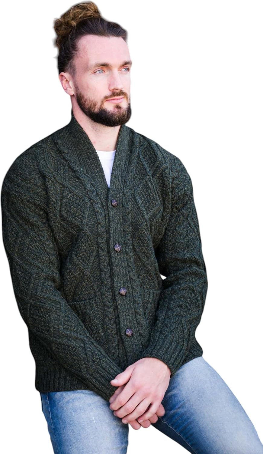 Men's Cardigan Wool Knit Shawl Collar Casual Sweater with Buttons (XX-Large, Army Green) - Image 3