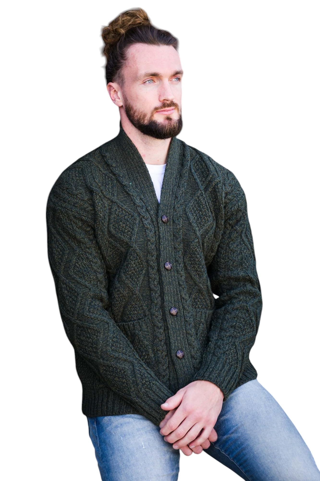Cardigan da uomo in lana Aran lavorato a maglia con collo a scialle maglione casual con bottoni, Verde militare, L