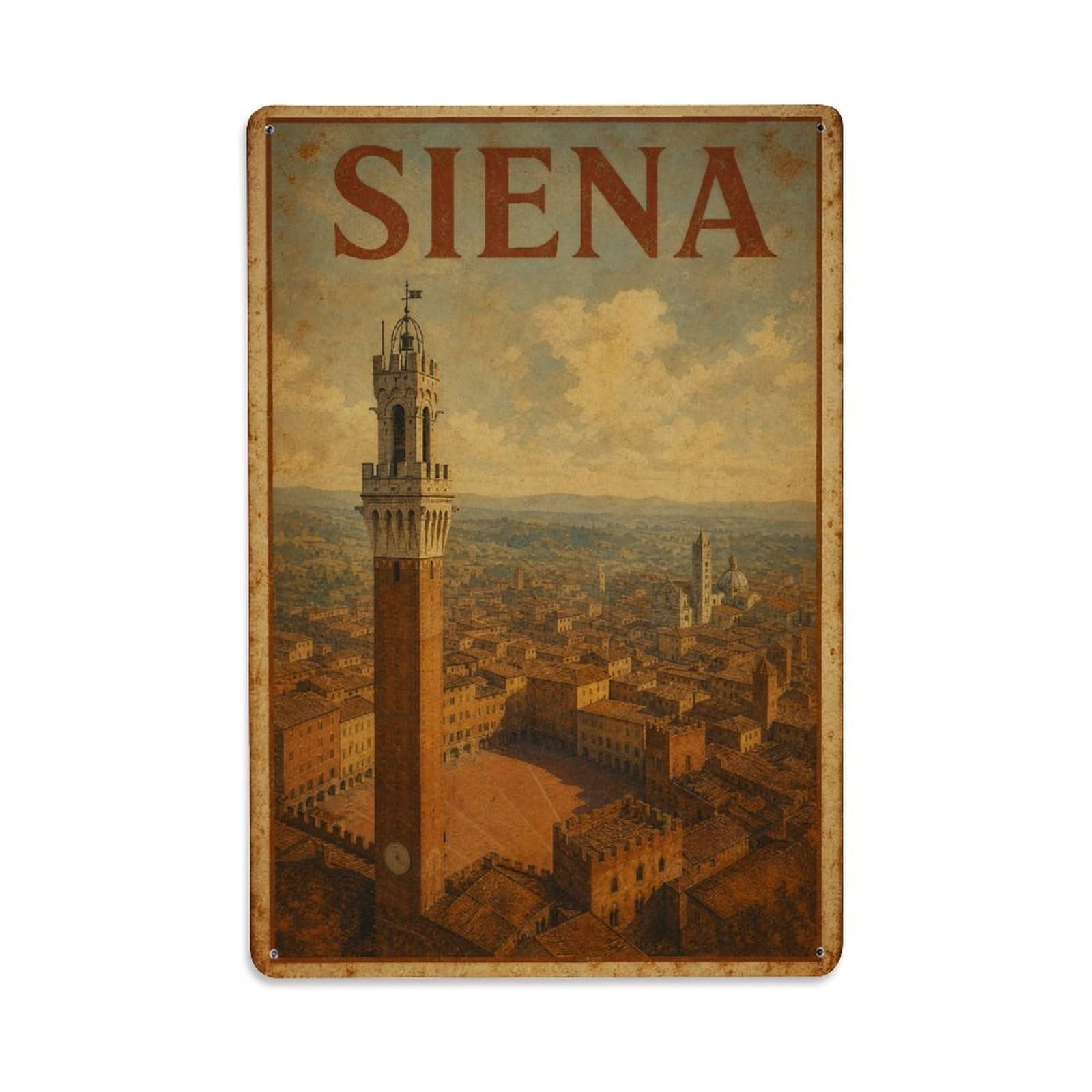 Huiyhb 8X12inch(20X30cm) Vintage Travel Siena Tower View Panoramic Cityscape Italy Metal Tin Sign