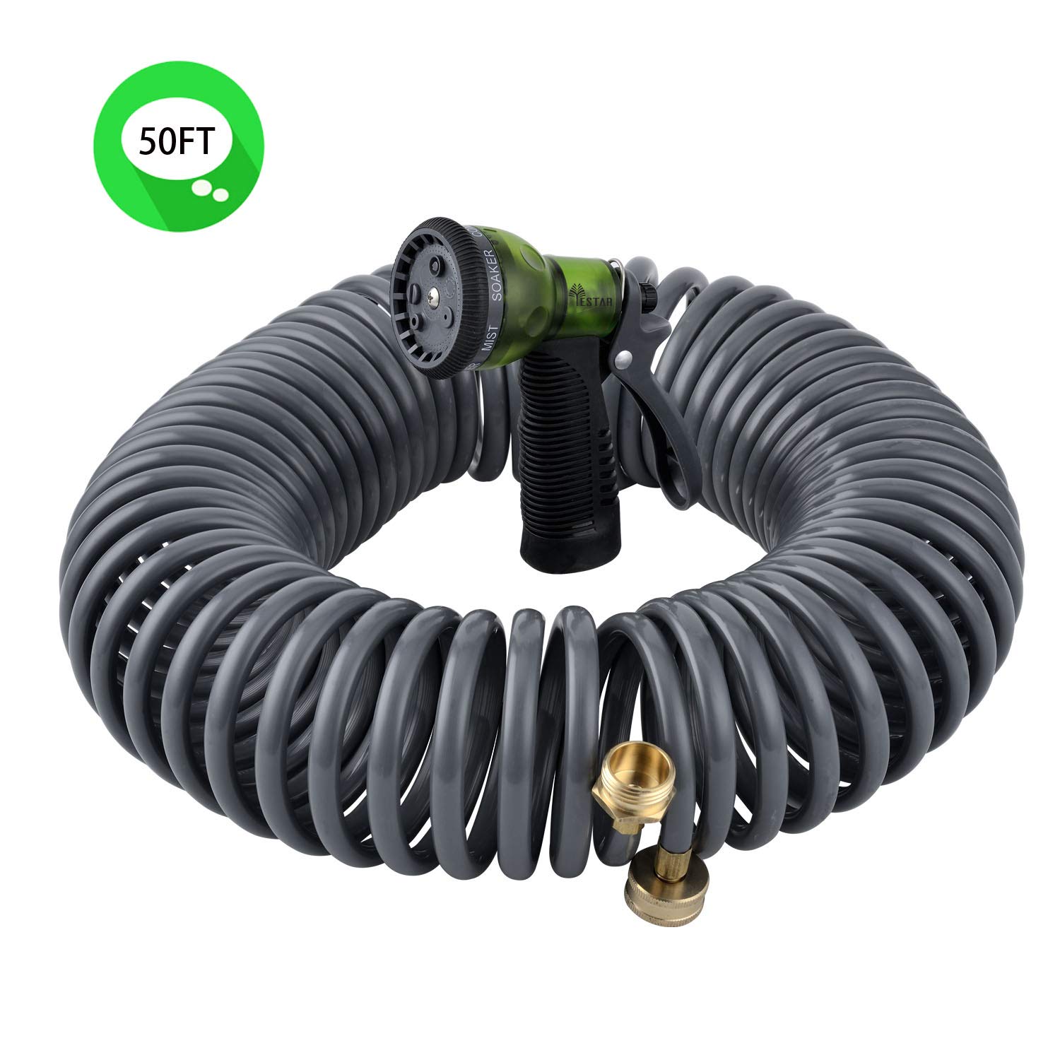 50FT Garden Coil Hose 3/4" Solid Brass Connector Flexible Water Hose with High Pressure 7-Pattern Spray Nozzle Lightweight Durable Easy to Storage Kink Free