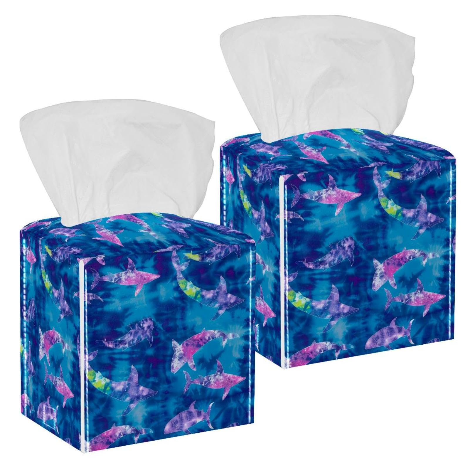 Whale Shark Tissue Box Cover, 2 Pack PU Leather Square Facial Tissue Dispenser Box holder for Home Office Car