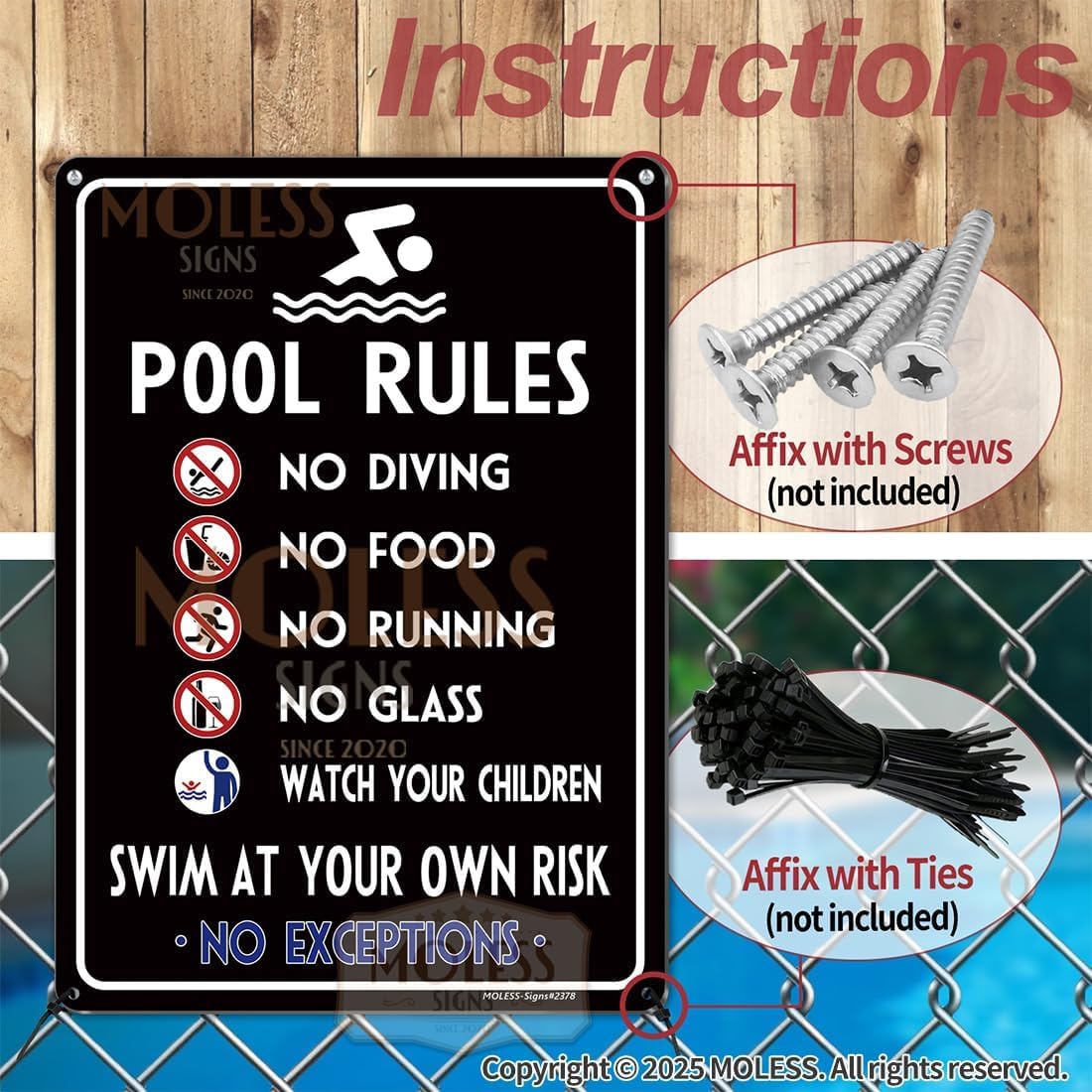 Pool Signs Bundles - 10Pack 14x10 Inches Pool Signs, PSP-2302|PSP-2402|PSP-2403|PSP-2501|2581-Black, Durable 0.040 Aluminum Weatherproof & UV Protected, Easy to Mount for Pool Safety