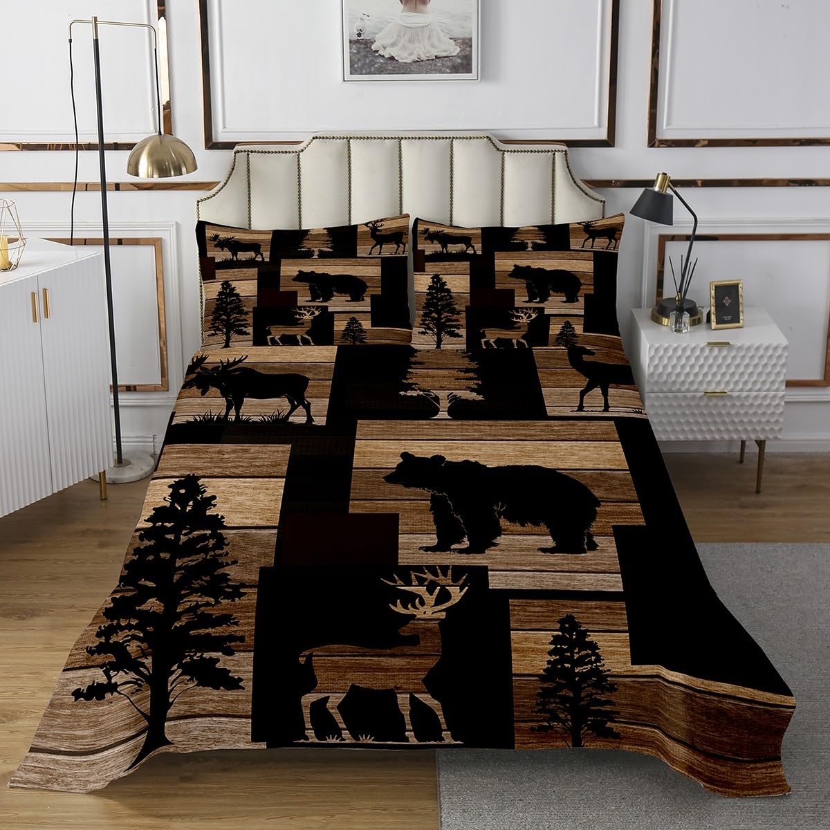 jejeloiu Bear Deer Bedspread Twin Size Kids Wild Animal Hunting Coverlet Set for Boys Girls Rustic Cabin Brown Quilted Coverlet Soft Lightweight Microfiber Room Decor