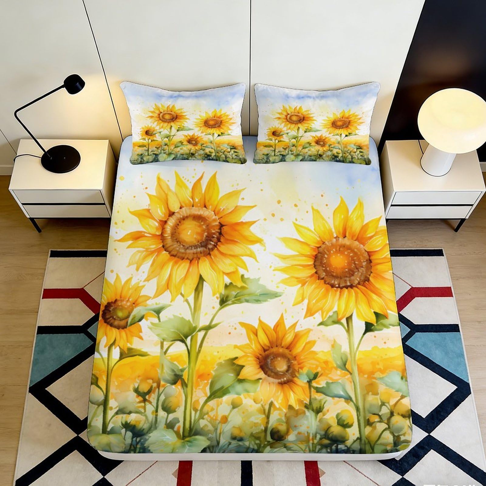 3D Printed Sunflower Fitted Sheet Microfiber Soft Breathable Floral Bed Cover for Bedroom Dormitory Guest Room Mattress Protection Decoration 200x200x25cm