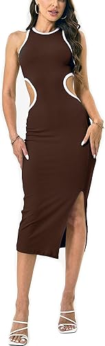 Miniatura 4 de Vestido ajustado sexy para mujer, cintura recortada, espalda abierta, longitud hasta el tobillo, acanalado, fiesta, club, mini vestidos midi