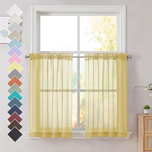 OVZME Cortinas cortas traslúcidas de gasa, filtran la luz, con jareta para cortinero, 42 pulgadas de ancho x 36 pulgadas de largo, juego de 2