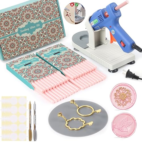 Kit de sellado de cera con caja de regalo, 40 varillas de cera de sellado con pistola de pegamento, moldes de sellado de cera, soporte para pistola