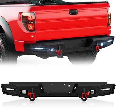 Rear Bumper Compatible with F150 12th Gen 2009-2014 Textured | 4 LED Lights, Sensor Holes, Paintable Armor & Offroad Heavy D-Rings
