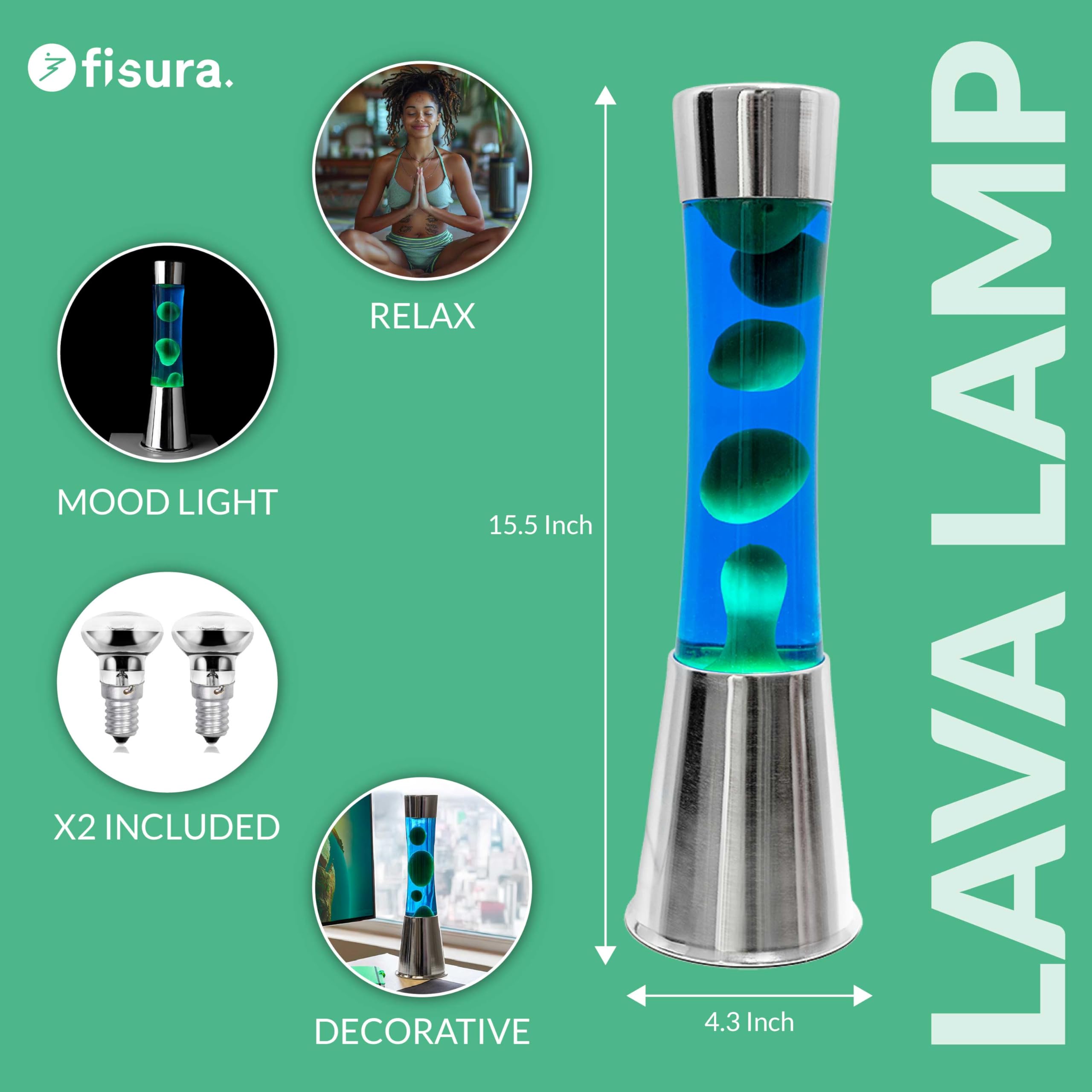 Fisura - Lavalamp. Lamp met ontspannend effect. Inclusief reservelamp. 11 cm x 11 cm x 39,5 cm. (Blauw, chroom