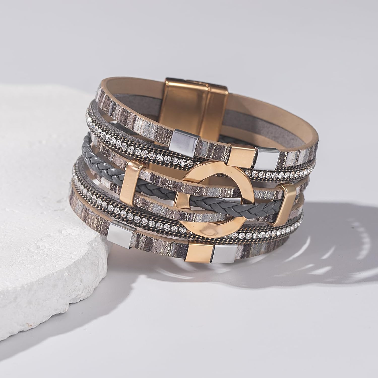 FANCY SHINY Boho Leather Wrap Bracelets Circle Square Bead Braided Handmade Stackable Bracelet Trendy Cuff Bangle for Women - Image 7