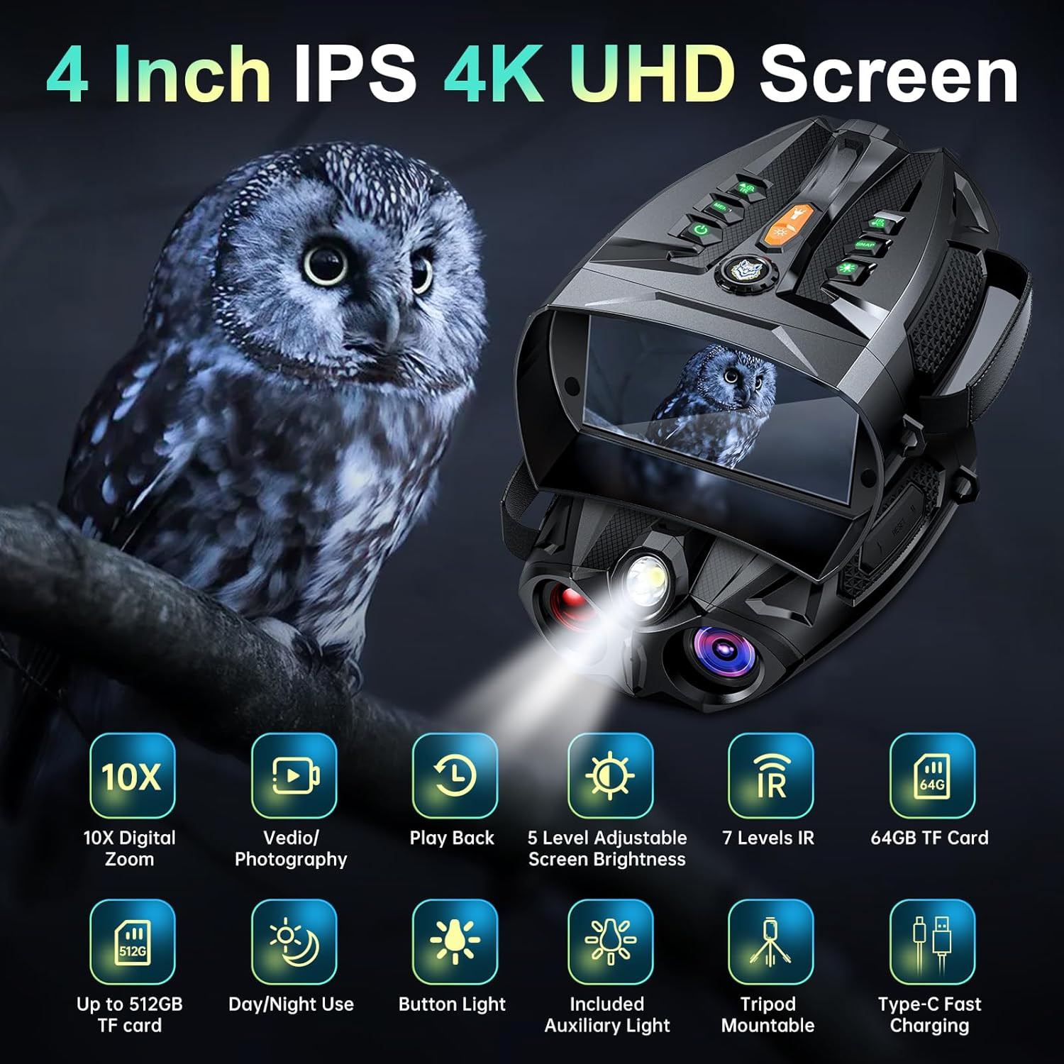 4K Night Vision Goggles, 4.0" HD Screen Night Vision Binoculars for Adults with 5000mAh Battery, 10X Zoom 7X Infrared Binoculars with 64GB Card for Photo & Video,Ideal for Camping Wildlife Observation - Image 2