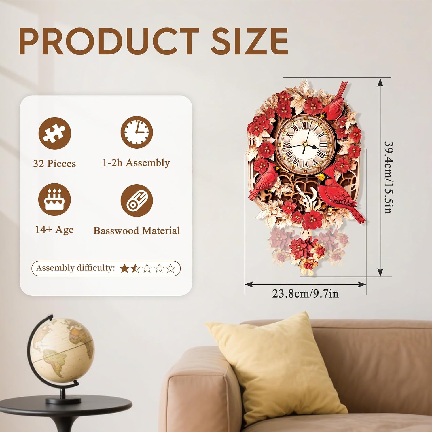 WOODBESTS 3D Puzzle for Adults-Wooden Cardinal Clock for Room Decoration, DIY Build Mechanical Wall Clock with Roman Numerals, Personalized Gift for DIY Lovers