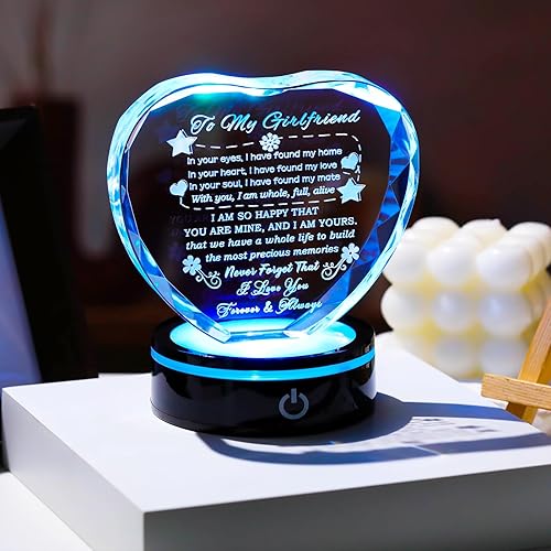 Miniatura 5 de YWHL Regalos para novia, romántico para mi novia, recuerdo de corazón de cristal con base LED colorida para novia, regalos de cumpleaños,