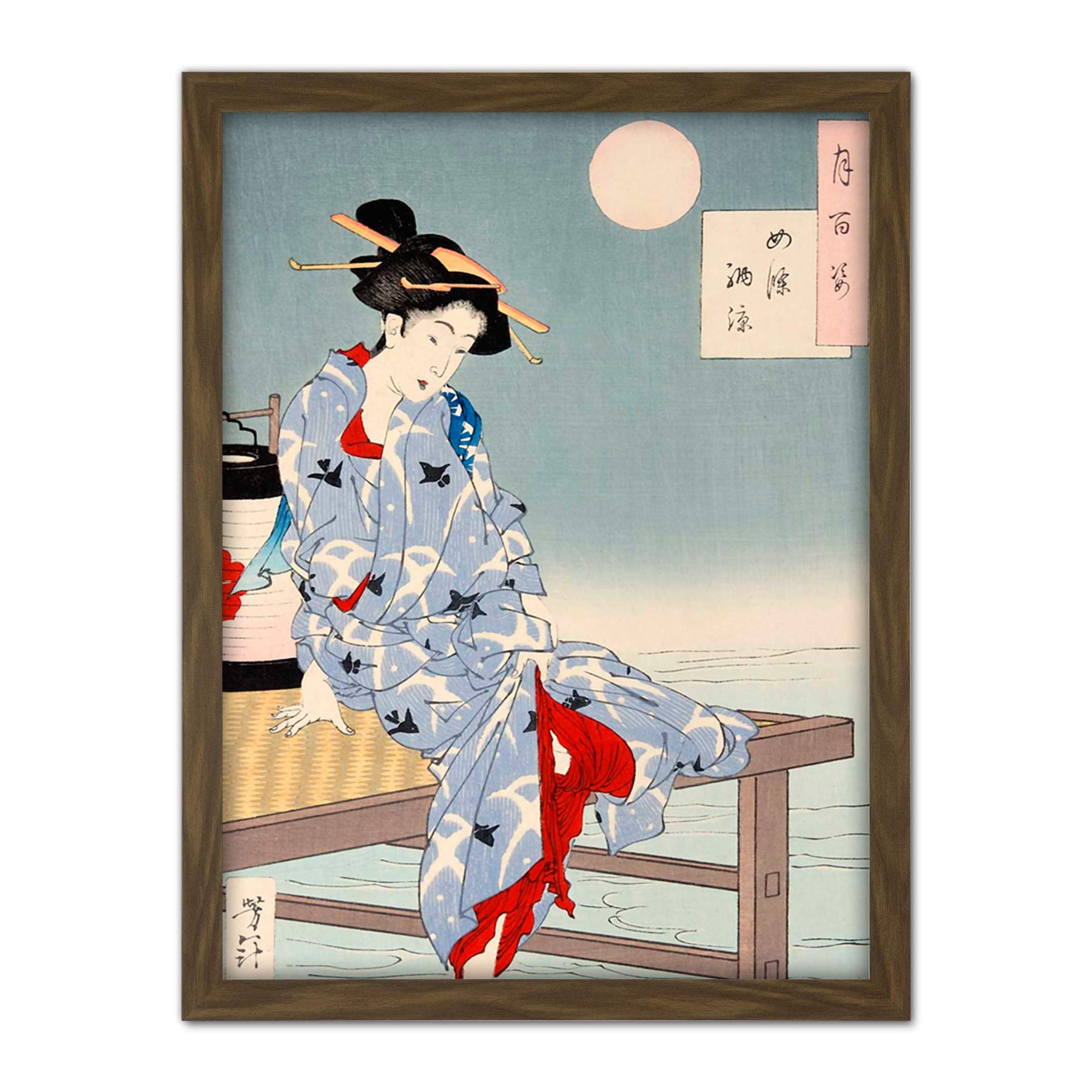 Wee Blue Coo Chikanobu Japanese Geisha Pier Moon Artwork Framed Wall Art Print 18X24 Inch