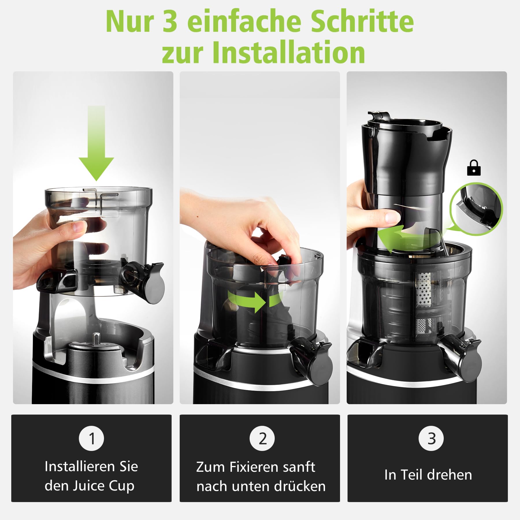 Aobosi 200 W Entsafter für Obst und Gemüse mit Umkehrfunktion und zwei Filtergrößen - Entsafter mit intelligentem Chip - Zitruspresse schwarz