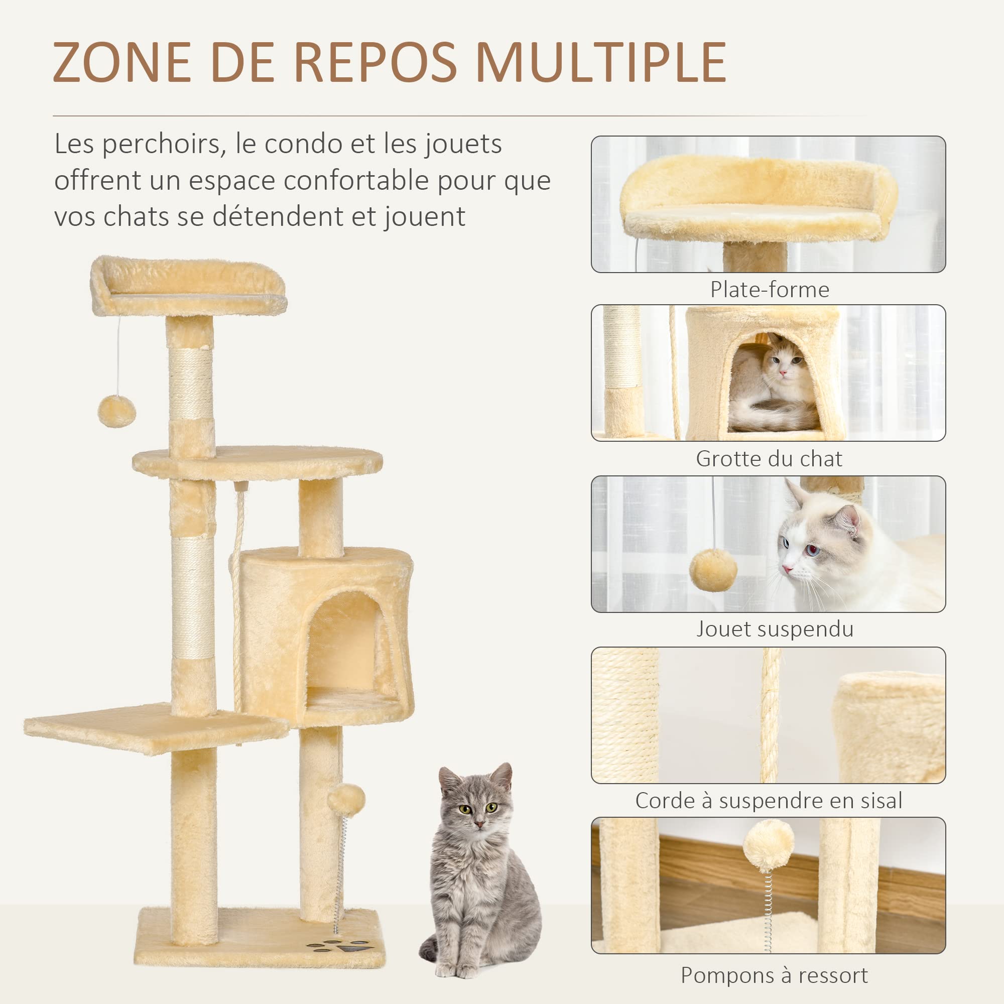 PawHut Arbre à Chats Multi-équipements griffoirs grattoirs Plateformes Niche Corde Jouets 40L x 40l x 114H cm Beige