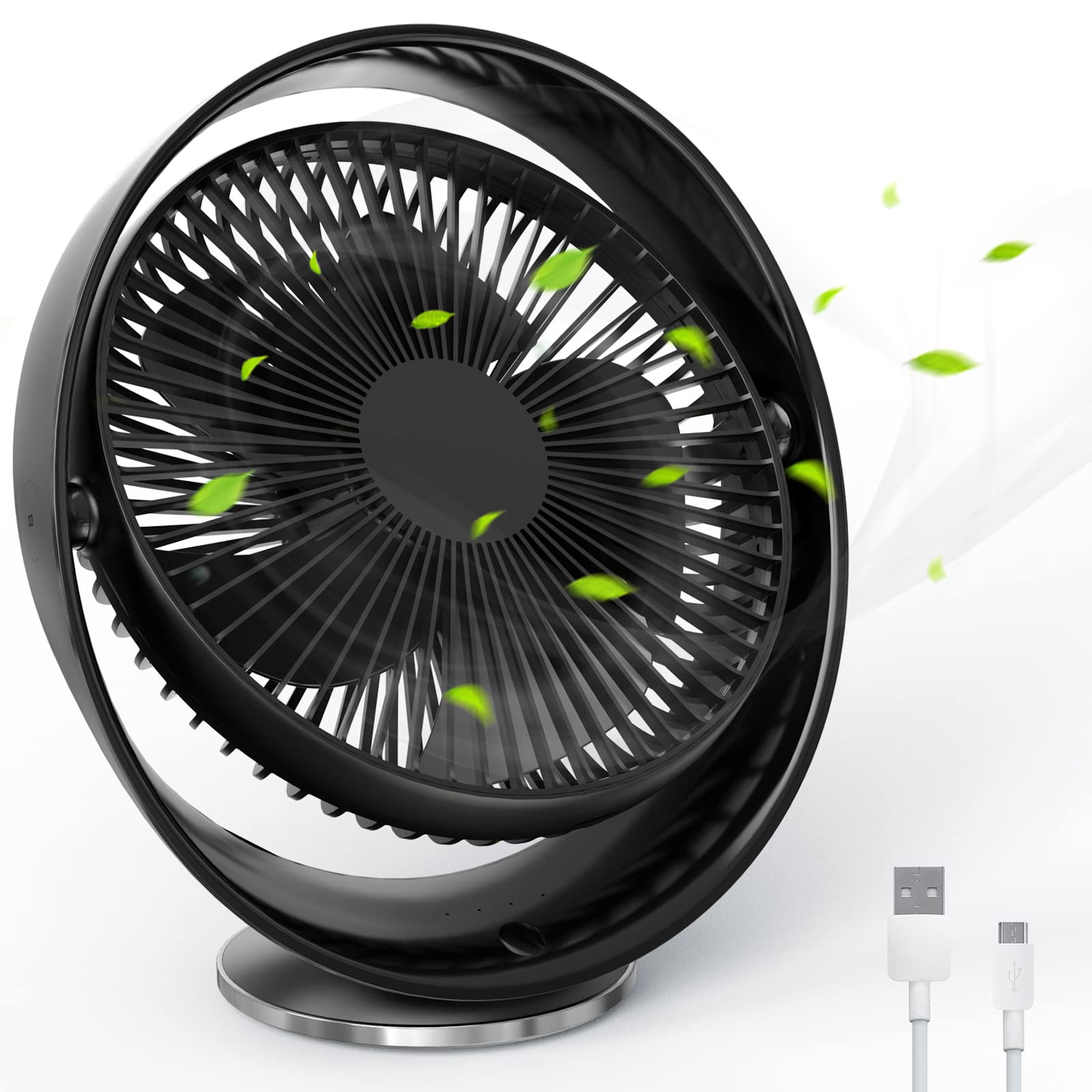 RATEL Desk Fan, 8 inch Quiet USB Fan 2000mAh Battery Rechargeable 3 Speeds,Desktop Small Table Fan for Home / Bedroom / Office / Outdoors, USB Cable Included, Black