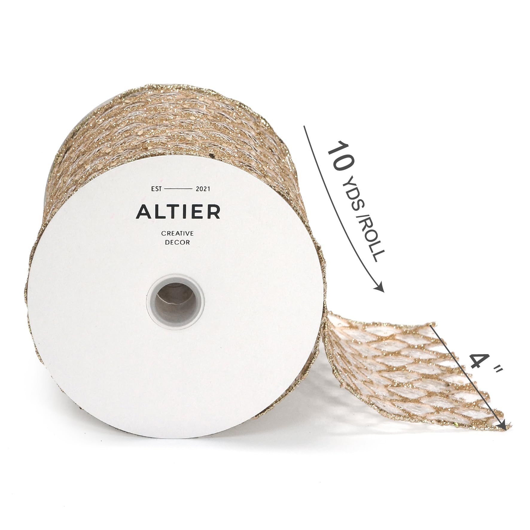 Champagne Gold Mesh Glitter Wired Ribbon, Sparkling, 2.5 Inch X 10