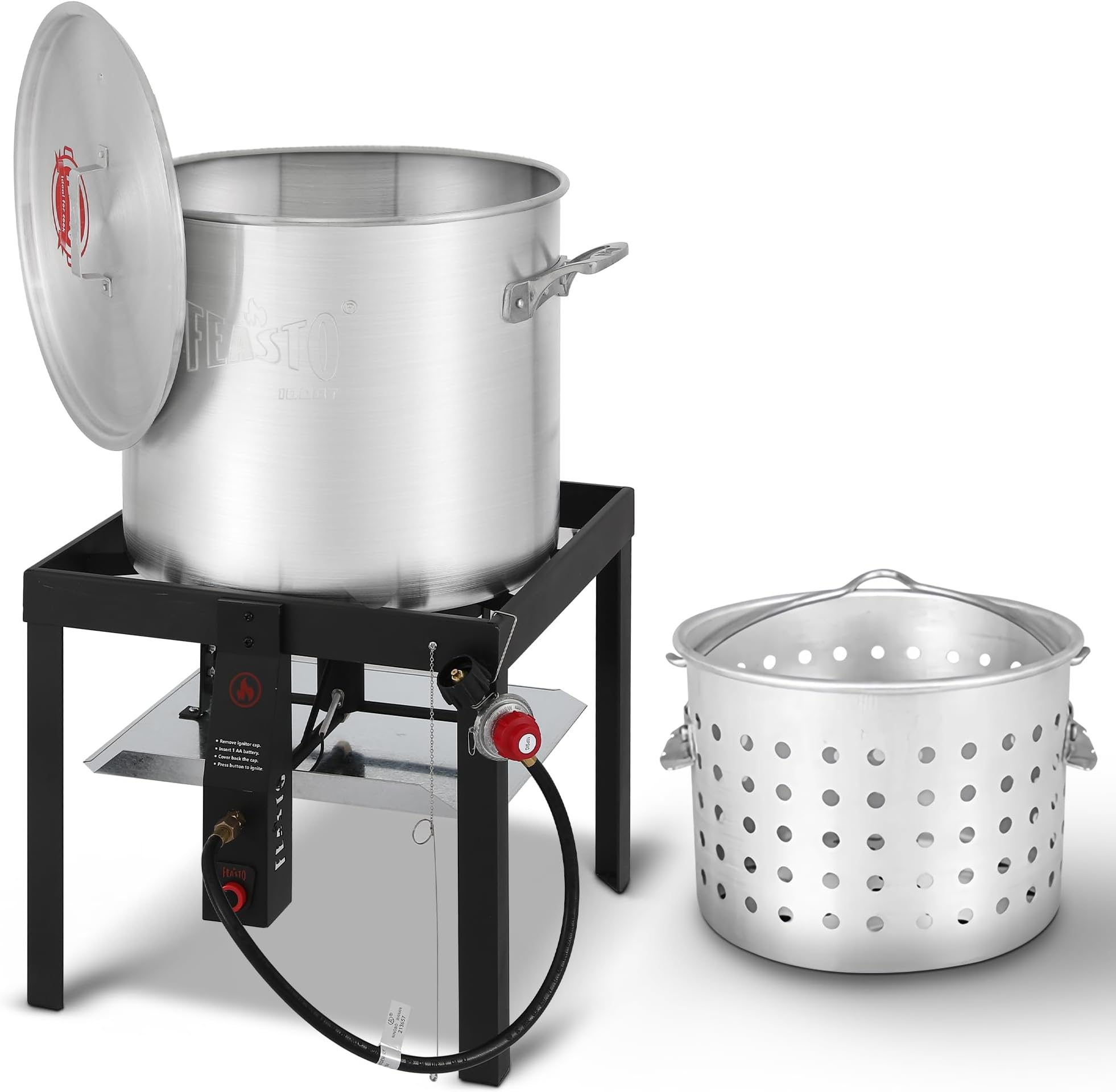 60 QT Seafood Boil Pot with Basket and Burner, Aluminum Seafood Boil Pot and Burner Kit with 100,000 BTUs Output and 10 PSI Regulator for Cooking Crawfish, Shrimp, Crab, CSA Certified