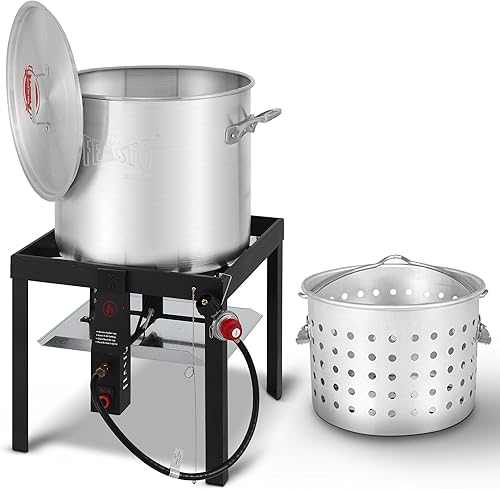 Olla de ebullición de aluminio de propano para exteriores de 60 cuartos de galón con canasta, olla para hervir cangrejo, cocción al vapor de